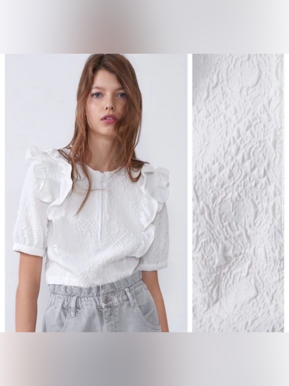 ZARA White Textured Ruffle Crop Top, Front Half Zip